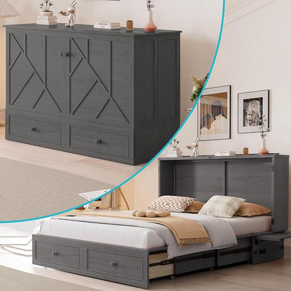 CECER Slate Grey Murphy Bed Cabinet with Mattress, Space-Saving Folding Bed