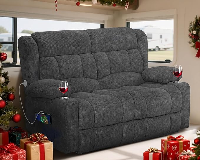 RV Loveseat Recliner Sofa, Wall Hugger Reclining Loveseat RV Couch with USB Ports, Cup Holders, Pockets, 150° Adjustable RV Furniture Velvet Fabric Recliners for Travel & Home Theater Seating