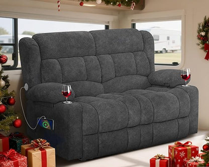 RV Loveseat Recliner Sofa, Wall Hugger Reclining Loveseat RV Couch with USB Ports, Cup Holders, Pockets, 150° Adjustable RV Furniture Velvet Fabric Recliners for Travel & Home Theater Seating