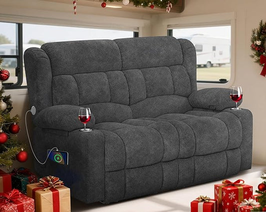 RV Loveseat Recliner Sofa, Wall Hugger Reclining Loveseat RV Couch with USB Ports, Cup Holders, Pockets, 150° Adjustable RV Furniture Velvet Fabric Recliners for Travel & Home Theater Seating