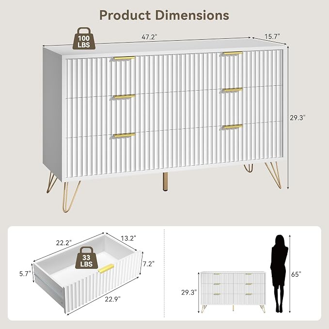 White 6 Drawer Dresser with Golden Handle, Fluted Wood Dressers, Modern Chest for Bedroom, Living Room, Hallway, Entryway
