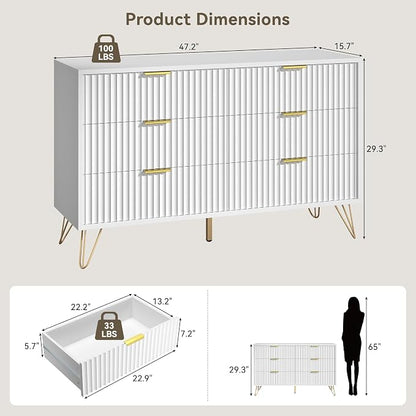 White 6 Drawer Dresser with Golden Handle, Fluted Wood Dressers, Modern Chest for Bedroom, Living Room, Hallway, Entryway