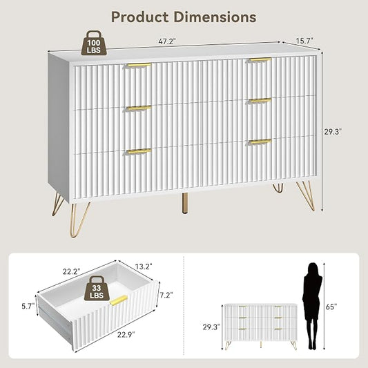 White 6 Drawer Dresser with Golden Handle, Fluted Wood Dressers, Modern Chest for Bedroom, Living Room, Hallway, Entryway