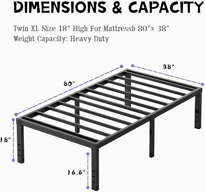 Furnitui 18 Inch High Metal Twin XL Bed Frames, Platform Twin XL Bed Frame No Box Spring Needed, Easy Assembly, Noise Free, Sturdy, Black