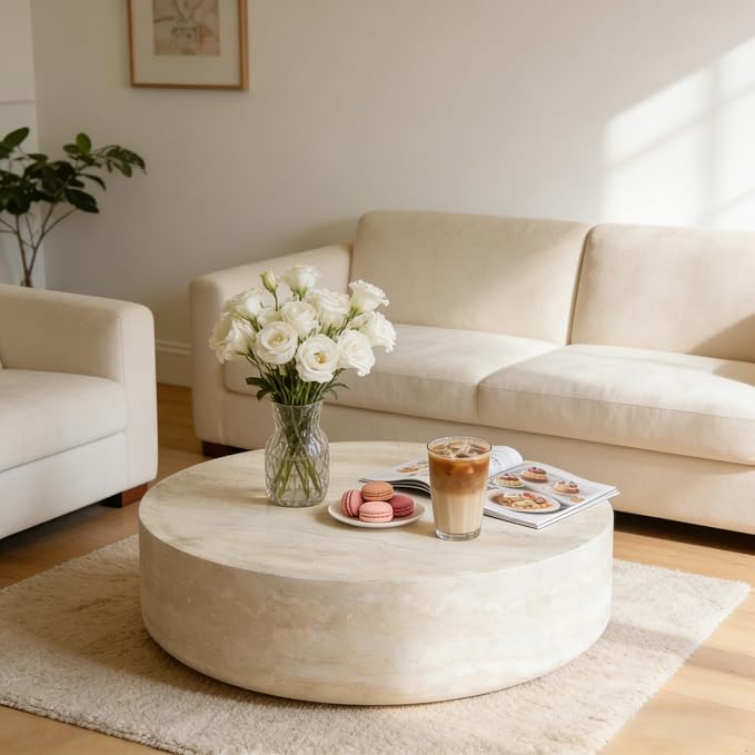 Faux Marble Coffee Table, Modern Round Coffee Table for Living Room, Circle Drum Coffee Side Tables, Fiberglass Center End Table for Small Place Apartment Office, 31.49" Marble