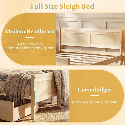 Giantex Full Bed Frame with 2 Storage Drawers, Wood Platform Bed with Headboard & Footboard, Wooden Slats Support Mattress Foundation, Sleigh Bedframe for Teens Adults, No Box Spring Needed (Natural)