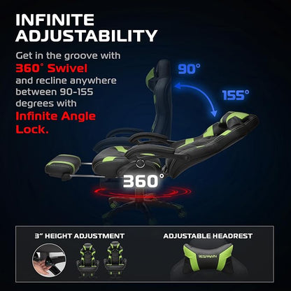 Respawn 110 Pro Ergonomic Gaming Chair with Footrest for Adults - Comfortable Office Gaming Recliner with Lumbar Support and Headrest, Racing Style Video Game Chairs for Computer Gamer - Green