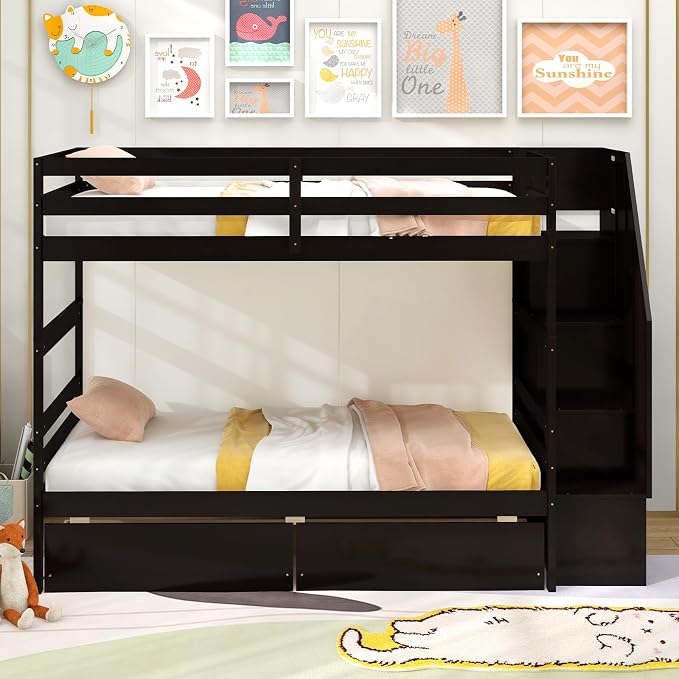 Giantex Bunk Bed Twin Over Twin with Storage Stairs & Drawers, Solid Wood Bunk Bed with Full-Length Guardrails, Convertible to 2 Beds, Versatile Bunk Beds for Kids Teens Adults, Espresso