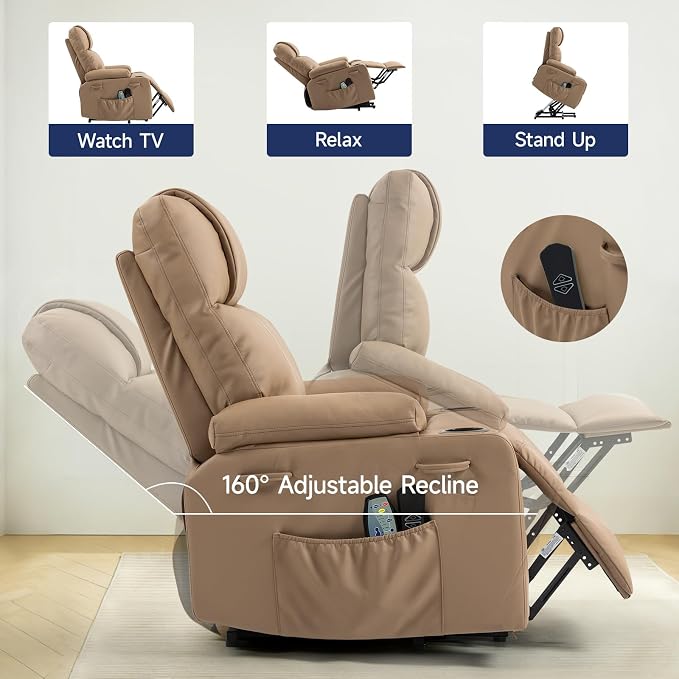 Brage Living Power Lift Recliner Chair for Elderly with Massage & Heat, PU Leather Electric Recliner with USB Charge Port, 160° Adjustable Recline, Stand Assist, Remote Control, Cup Holders (Brown)