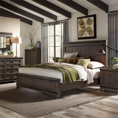 Pemberly Row 4-Piece King Bedroom Set, Rubberwood and Mango Veneers, Rock Beaten Grey Finish with Saw Cuts, Includes Panel Bed, 8-Drawer Dresser with Mirror, 2-Drawer Nightstand, Industrial Style