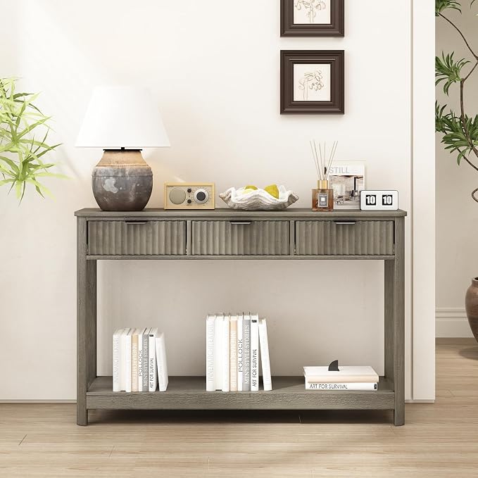 RUSTOWN Fluted Wood Console Table with 3 Drawers, 47.2" Modern Farmhouse Sofa Table & Entryway Table with Open Storage Shelf, Narrow Hallway Table for Living Room, Foyer and Hallway (Washed Oak)