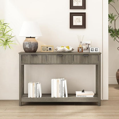 RUSTOWN Fluted Wood Console Table with 3 Drawers, 47.2" Modern Farmhouse Sofa Table & Entryway Table with Open Storage Shelf, Narrow Hallway Table for Living Room, Foyer and Hallway (Washed Oak)