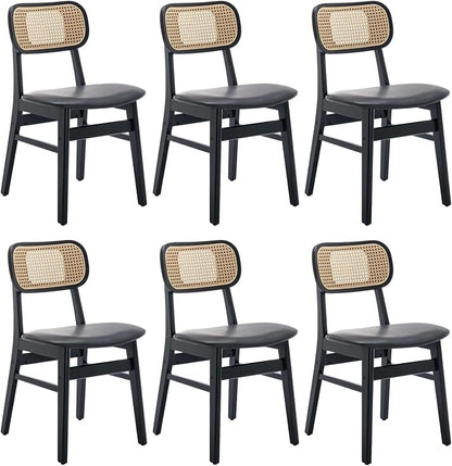 ROCITY Black Dining Chairs Set of 6 Faux Leather Dining Room Chairs with Rattan Back Farmhouse Kitchen Chairs Wooden Side Chairs