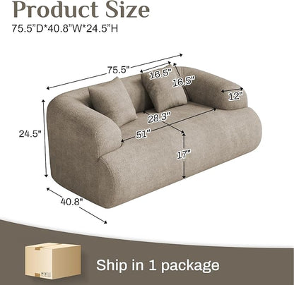 Half Moon Curved Sectional Sofa with 2 Throw Pillows, Modern Style 2-Seater Chenille Leisure Couch with Curved Backrest, Easy Assembly, for Apartment, Living Room, Bedroom, Light Brown（76 inch）