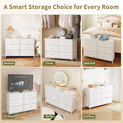 Dresser for Bedroom with 6 Drawers, Small Fabric Dressers for Kids Bedroom, Chest of Drawers, Storage Organizer Dresser for Closet, Nursery, Dorm, Apartment, TV Stand Living Room Wooden Top (White)