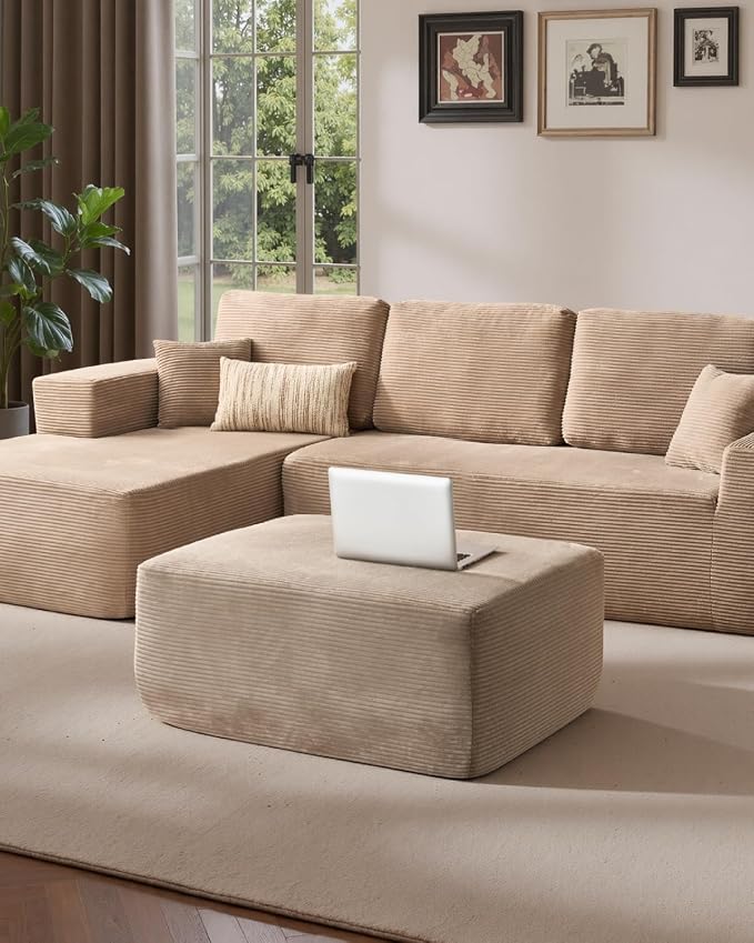 37" Plush Boneless Ottoman, Upholstered Cloud Footrest for Boneless Couch in a Box,Oversize Poufs for Living Room & Bedroom Sofa Ottoman,Comfy Seating with Dense Foam, Camel (Corduroy Fabric)