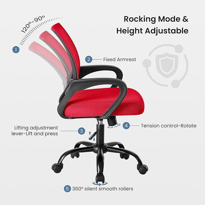 OLIXIS Office Desk Chair - Ergonomic Mid Back with Lumbar Support & Rocking Mode, Height Adjustable with Fixed Armrest, Storage Back for Computer, Gaming, Conference, Meeting Room, 360° Swivel, Red