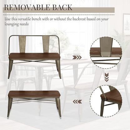 YOLENY Dining Bench, Farmhouse Metal Entryway Chair with Back, Industrial Mid-Century 3 Person Rustic Spindle Bench, with Wood Seat, Removable Backrest, 42in, Bronze