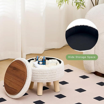 Wimarsbon Pouf Ottoman, 100% Cotton Knitted Boho Footstool, Round Footrest with Non-Skid Wood Legs, Home Décor Handmade Pouffe, Leisure Floor Step Stool for Living Room (Storage Beige)