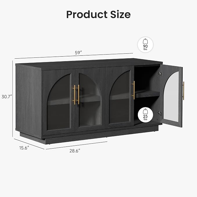 Arden Collection 3-Piece Display & Storage Cabinet Set, Arched Glass Door Sideboard and Tall Pantry Cabinets with LED Lighting, Wine Storage and Charging Station for Dining Room, Coffee Bar,Black Grey