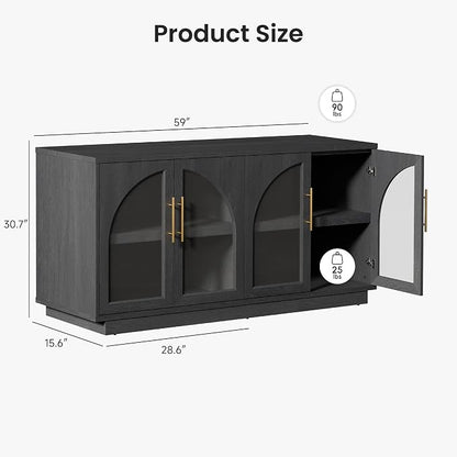 Arden Collection 3-Piece Display & Storage Cabinet Set, Arched Glass Door Sideboard and Tall Pantry Cabinets with LED Lighting, Wine Storage and Charging Station for Dining Room, Coffee Bar,Black Grey