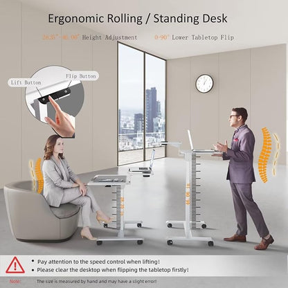Pneumatic Standing Desk with Wheels - Adjustable Height 28" - 46" & 0-90° Tilt, 31.5" x 17.7" Skin-Feel Desktop, Rolling Computer Desk for Home Office, Hospital, School (White)