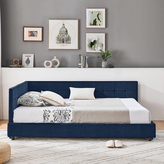 KEIKI Full Size L Shape Corner Bed Frames with Backrest and Armrests, Velvet Upholstered Sofa Daybed for Small Room, Living Room, Bedroom, Guest Room, Kids' Room