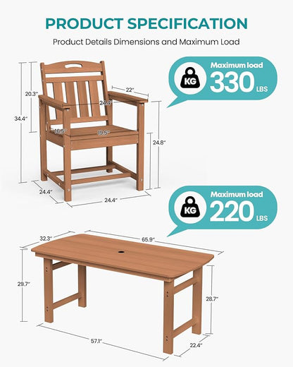 Outdoor Rectangle Dining Table, Heavy-Duty HDPE Table for 6, Weatherproof Patio Table with Umbrella Hole, Rounded Corners for Safety, Teak