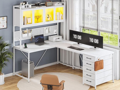 SEDETA L Shaped Gaming Desk with Drawers, L Shaped Computer Desk with Hutch and Storage Shelves, Gaming Desk with Pegboard, Led Lights, and Power Outlet, Home Office Desk, Corner Desk, White