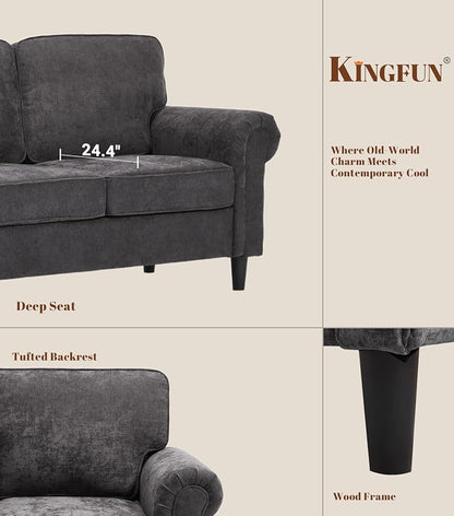 Kingfun Loveseat 2 Seater Couch with Chair, Mid Century Modern Chenille Sofa Set with Rolled Arms and Deep Seats, Fluffy Comfort for Living Room, Apartment, Easy Assembly, Grey