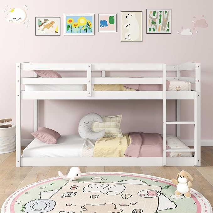 MAT EXPERT Bunk Bed Twin Over Twin, Low Wood Bunk Bed Frame w/Safety Guardrails, Ladder & Slats, Floor Platform Twin Bunk Beds for Kids Toddlers Teens, for Dorm Bedroom, No Box Spring Needed (White)