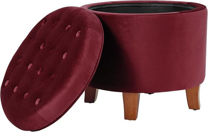 Homepop Home Decor | Upholstered Round Velvet Tufted Foot Rest Ottoman | Ottoman with Storage for Living Room & Bedroom | Decorative Home Furniture, Burgundy Small