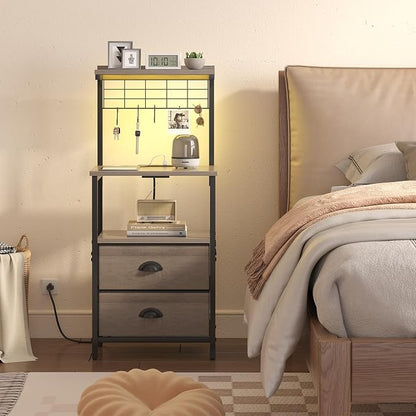 sthmec Tall Nightstands with Charging Station, LED Night Stand Bedsides with 2 Drawers Fabric, Hooks,USB Port and Open Storage Shelves,Tall End Table Bedside for Bedroom,Office, Grey