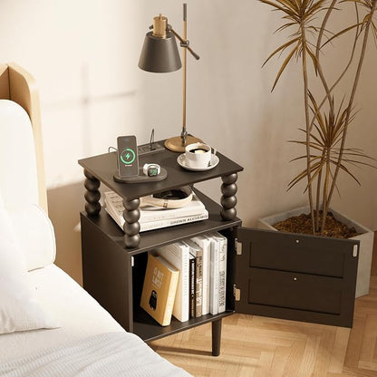 Black Nightstand with Outlet,Storage Drawer and Open Wood Shelf,Wood Legs | Mid-Century Modern Bedside Table for Bedroom and Small Spaces,Easy Assembly Solid Wood Legs