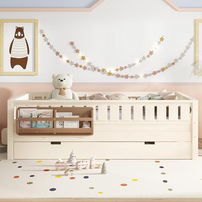 Bellemave Queen Kids Montessori Bed with Stairs, Bookshelf and Trundle, Solid Wood Kids Bed Frame with Storage for Boys Girls, Low Profile,Beige