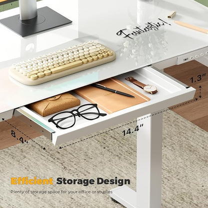 Glass Electric Standing Desk with Drawer, 35" x 20" Whole Piece Small Sit Stand Table, Height Adjustable Desk with Storage & USB Ports, Quick Install Home Office Computer Desk, White