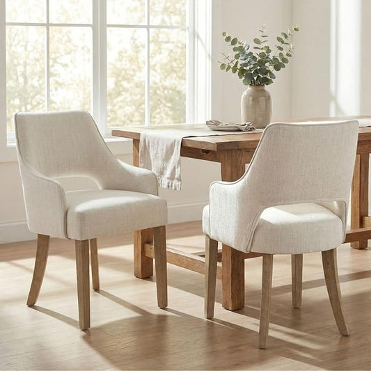 Linen Upholstered Dining Chairs Set of 2 with Arms | Cream Linen Fabric, Breathable Upholstery, Curved Backrest, Cushioned Seat, Solid Wood Legs, Farmhouse Style For Dining Room