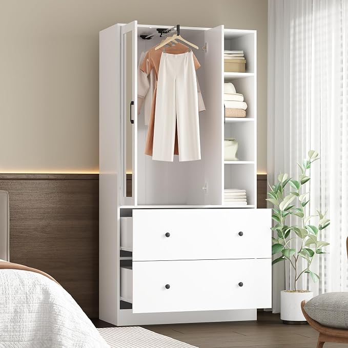 Homsee Wardrobe Armoire Wooden Closet with Mirror, 2 Doors, 2 Drawers, 4 Open Storage Cubes and Hanging Rod for Bedroom, White