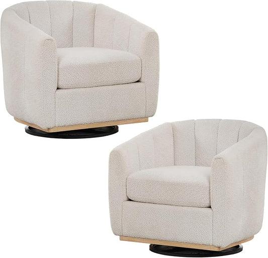Swivel Barrel Chair Set of 2, 360 Degree Round Swivel Accent Chair for Living Room, Mid Century Modern Upholstered Accent Chair,Comfy Tufted Sofa Armchairs for Bedroom,Nursery,Boucle,Ivory