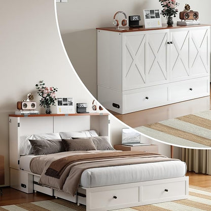 Mjkone Full Size Murphy Bed with Tri-Fold Mattress, Storage Drawers, Hidden Folding Cabinet Bed with USB Charging Station, Space Saving Wall Chest Beds for Bedroom Living Room, White