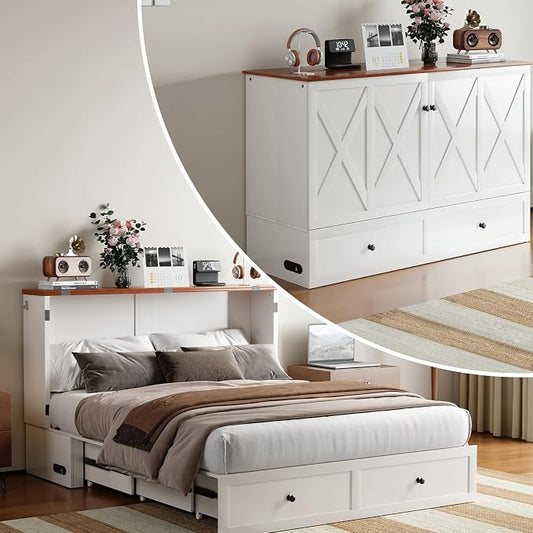 PUREMIND Murphy Bed Queen, X Frame Cabinet Beds Chest with Charging Station & Storage Drawers, Convertible Hideaway Cabinet Bed for Guest Room, White, Without Mattress