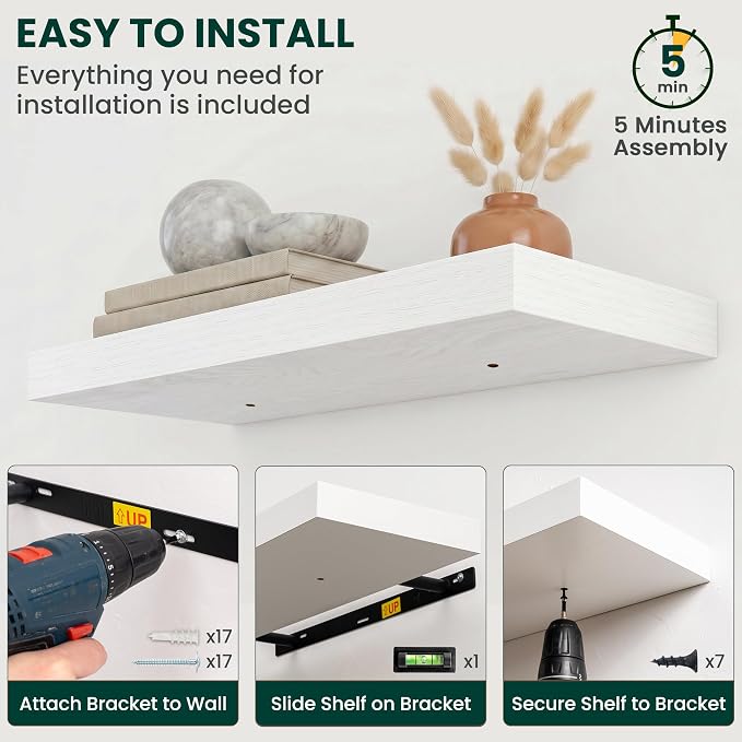 Floating Shelves for Wall 24 in x 9.3 in Deep, Wall Mounted Rustic Wood Shelf with Invisible Brackets for Storage & Display, Living Room Bedroom Bathroom, White, 2 Pack