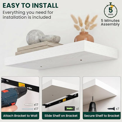 Floating Shelves for Wall 36 in x 9.3 in Deep, Wall Mounted Rustic Wood Shelf with Invisible Brackets for Storage & Display, Living Room Bedroom Bathroom, White, 2 Pack