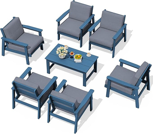 SERWALL HDPE Outdoor Furniture Set, 7 Piece All Weather Wood-Like Outdoor Sofa Sectional Couch, Blue Patio Furniture Set with Grey Cushions