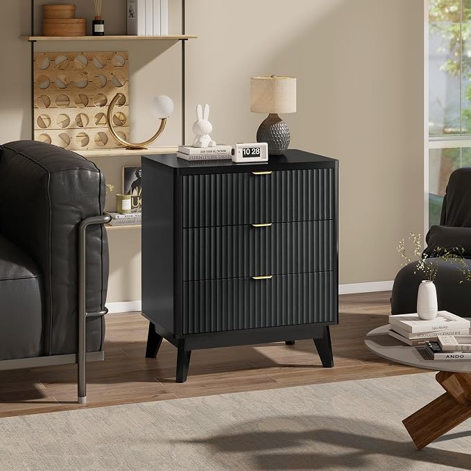 LYNCOHOME Fluted Nightstand Set of 2, Wood Bedside Table with 3 Drawers, Modern Farmhouse Storage End Table for Bedroom, Black