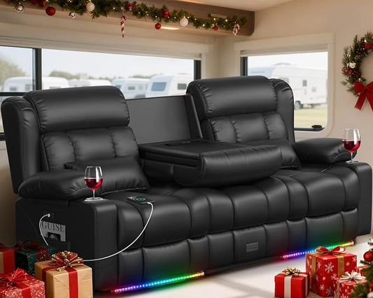 Power RV Loveseat Recliner Sofa, Electric Reclining Loveseat Couch with Flip Backrest, 3 Seat RV Recliner Sofa with USB & Type-C Ports, Zero Wall Hugger RV Furniture with Storage & LED Light