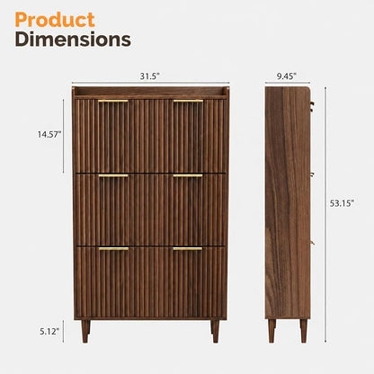 VINGLI Fluted Shoe Storage Cabinet for Entryway with 3 Flip Drawers, Narrow Shoe Organizer with Fluted Panel, Freestanding Wood Hidden Shoe Cabinet for Foyer, Hallway (Dark Walnut, 3 Flip Drawers)
