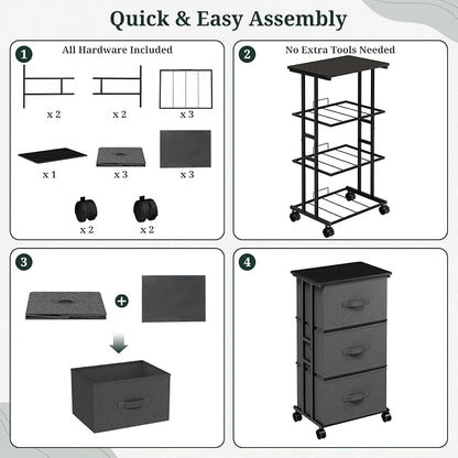 3 Drawers Dresser with Wheels, Storage Organizer with Removable Fabric Bins and Steel Frame, Small Nightstand Dresser for Bedroom, Office, Entryway, Ash Gray