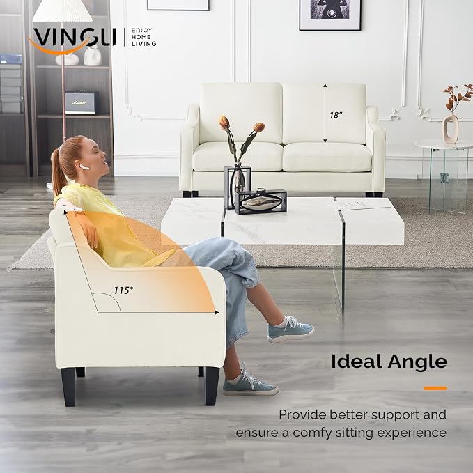 VINGLI Loveseat Mid-Century Modern Loveseat Sofa Couch 53" Wide 2 Seater Sofa Couch Love Seat with Scooped Armrest for Small Spaces, Living Room, Dorm, Bedroom, Apartment (Creamy White)