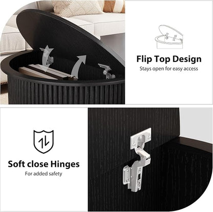 HSH 47" Oval Coffee Table with Storage, Black Coffee Table for Living Room | Modern Center Table with Press Type Door, Fluted Living Room Tables with 2 Flip-Top Hidden Lids, Wood Table